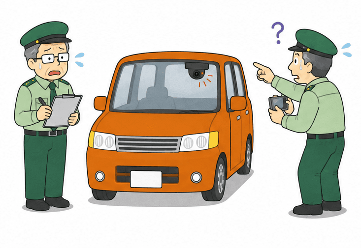車内のスマホが、困り顔のみどりむし 2 人を見ているイラスト